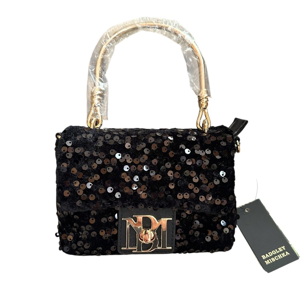 Badgley Mischka Black Sequin‎ Metal Handle Bag BMH 535 Vegan Leather MSRP 120 - Picture 10 of 12